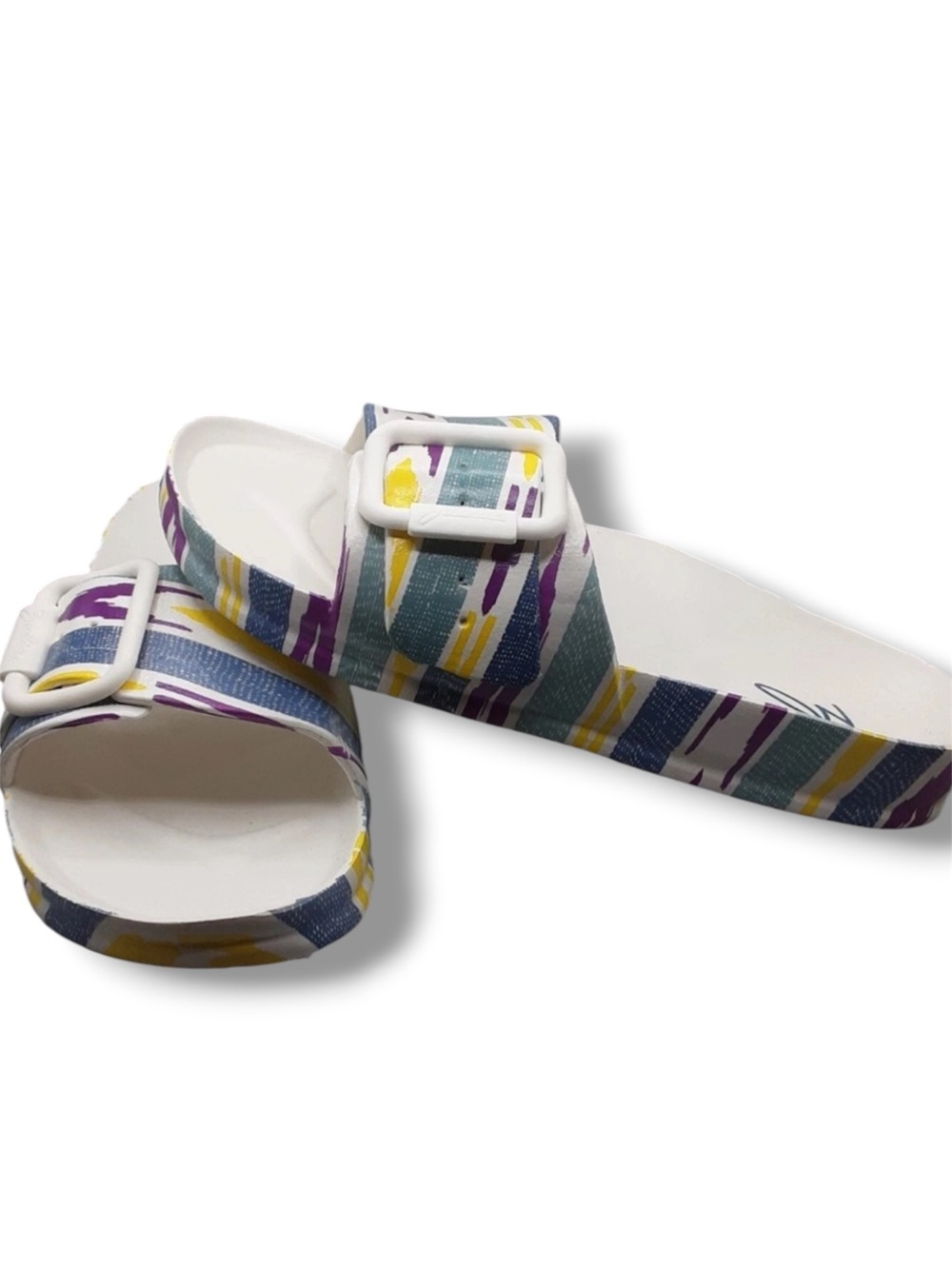 New in Box Zodiac Striped Slide Sandals size 10 in Yellow, Purple, Teal and Blue